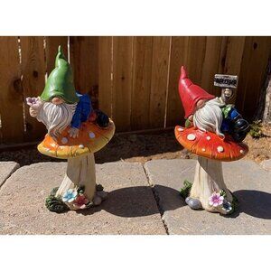 New Garden Gnomes Statues for Yard Decor, Set of 2 Cute Gnomes on Mushrooms
